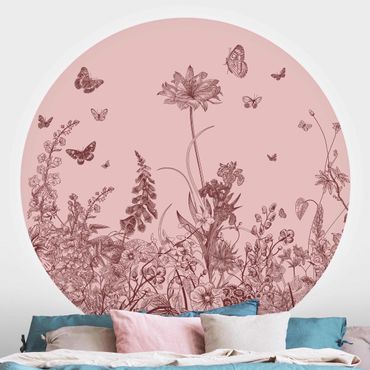 Self-adhesive round wallpaper - Large Flowers With Butterflies On Pink