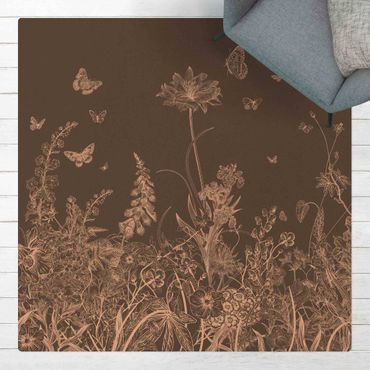 Cork mat - Large Flowers With Butterflies In Grey - Square 1:1