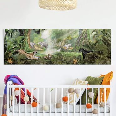 Print on canvas - Big cats in the jungle oasis - Panorama 3:1