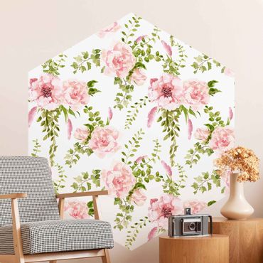Self-adhesive hexagonal pattern wallpaper - Green Leaves With Pink Flowers In Watercolour