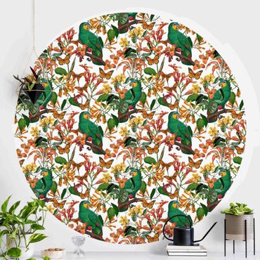 Self-adhesive round wallpaper - Green Parrots With Tropical Butterflies