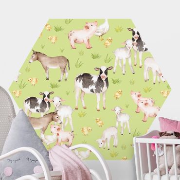 Self-adhesive hexagonal pattern wallpaper - Green Meadow With Cows And Chickens