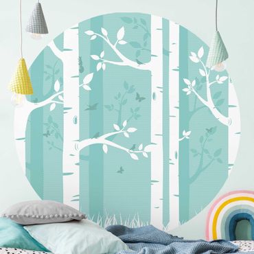 Self-adhesive round wallpaper kids - Green Birch Forest With Butterflies And Birds
