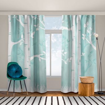 Curtain - Green Birch Forest With Butterflies And Birds