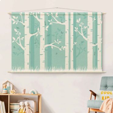 Tapestry - Green Birch Forest With Butterflies And Birds