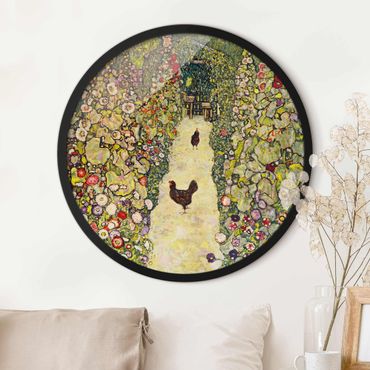 Circular framed print - Gustav Klimt - Garden Path with Hens