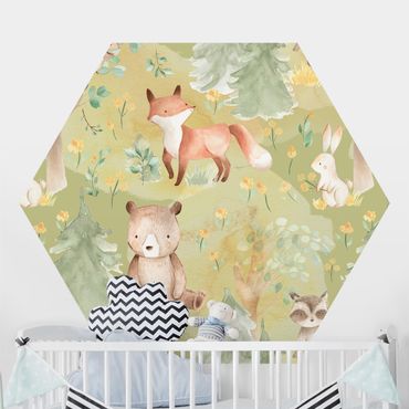 Self-adhesive hexagonal pattern wallpaper - Rabbit And Fox On Green Meadow