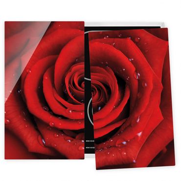 Glass stove top cover - Red Rose With Water Drops