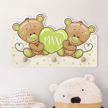 Coat rack for children - Heart Bears With Customised Name Green