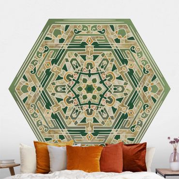Self-adhesive hexagonal pattern wallpaper - Hexagonal Mandala In Green With Gold