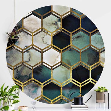 Self-adhesive round wallpaper - Hexagonal Dreams Watercolour With Gold