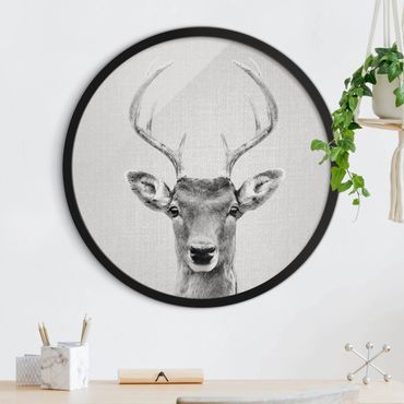 Circular framed print - Deer Heinrich Black And White