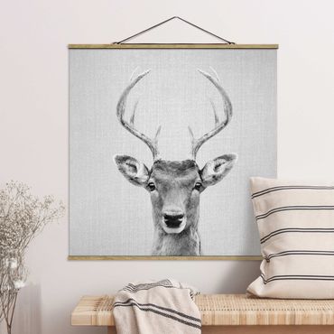 Fabric print with poster hangers - Deer Heinrich Black And White - Square 1:1