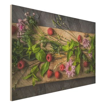 Wood print - Flowers Raspberries Mint