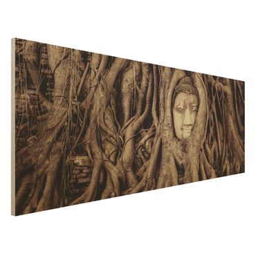 Wood print - Buddha In Ayutthaya Lined From Tree Roots In Brown