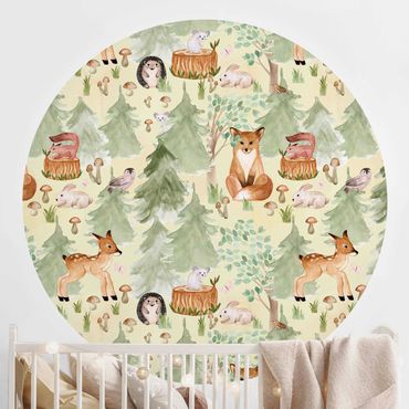 Self-adhesive round wallpaper kids - Hedgehog And Fox With Trees Green