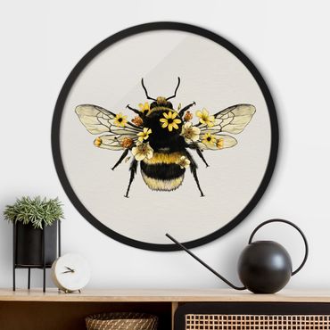 Circular framed print - Illustration Floral Bumblebee