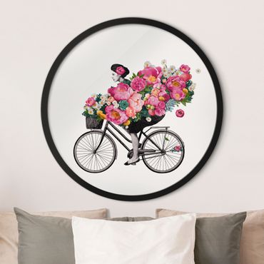 Circular framed print - Illustration Woman On Bicycle Collage Colourful Flowers