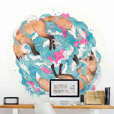 Self-adhesive round wallpaper - Illustration Foxes And Waves Painting
