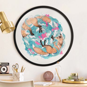 Circular framed print - Illustration Foxes And Waves Painting
