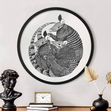 Circular framed print - Illustration Armadillo Black And White Pattern