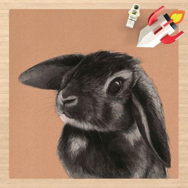 Cork mat - Illustration Rabbit Black And White Drawing - Square 1:1