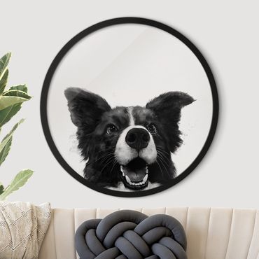 Circular framed print - Illustration Dog Border Collie Black And White Painting
