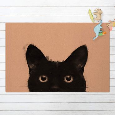 Cork mat - Illustration Black Cat On White Painting - Landscape format 3:2