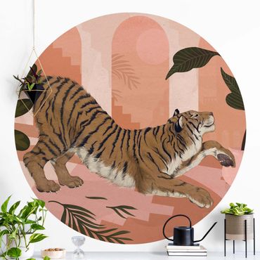 Self-adhesive round wallpaper - Illustration Tiger In Pastel Pink Painting