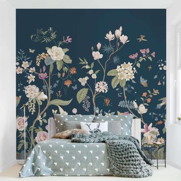 Wallpaper - Illustrated Floral Chinoiserie On Dark Blue
