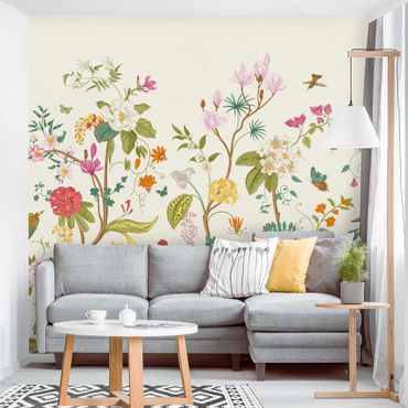 Wallpaper - Illustrated Flowers Chinoiserie On Yellow