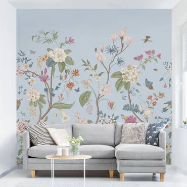Wallpaper - Illustrated Floral Chinoiserie On Light Blue