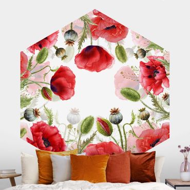 Self-adhesive hexagonal pattern wallpaper - Illustrated Poppies