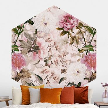 Self-adhesive hexagonal pattern wallpaper - Illustrated Peonies In Light Pink