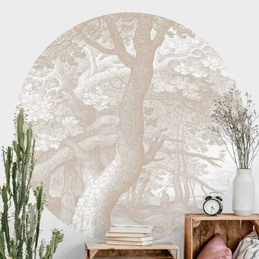 Self-adhesive round wallpaper - In The Woods Copperplate Engraving In Beige