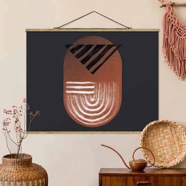 Fabric print with poster hangers - Indigenous Clay Geometry On Dark Grey - Landscape format 4:3