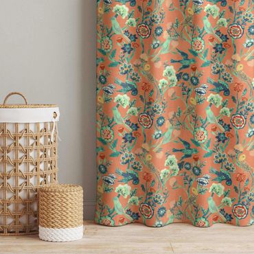 Curtain - Indian Pattern Birds with Flowers Orange