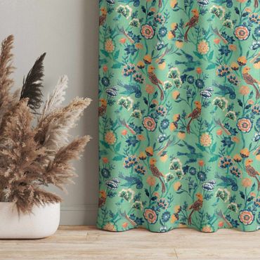 Curtain - Indian Pattern Birds with Flowers Turquoise