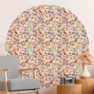 Self-adhesive round wallpaper - Indian Pattern Birds with Flowers Beige