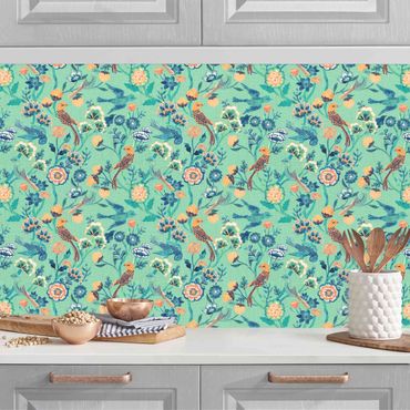 Kitchen wall cladding - Indian Pattern Birds with Flowers Turquoise