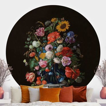 Self-adhesive round wallpaper - Jan Davidsz de Heem - Tulips, a Sunflower, an Iris and other Flowers in a Glass Vase on the Marble Base of a Column