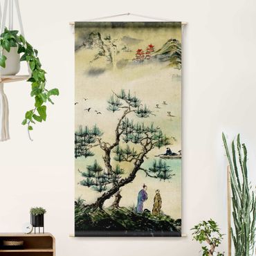 Tapestry - Japanese Watercolour Drawing Pine Tree And Mountain Village