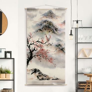 Tapestry - Japanese Watercolour Drawing Cherry Tree And Mountain