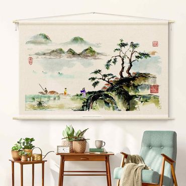 Tapestry - Japanese Watercolour Drawing Lake And Mountains