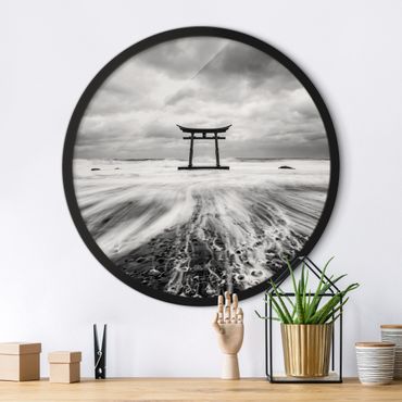 Circular framed print - Japanese Torii In The Ocean
