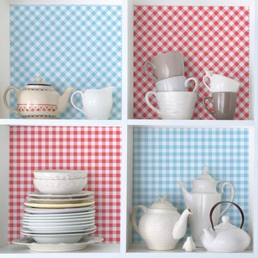 Adhesive film for furniture - Checked Pattern Squares In Pastel Blue And Vermillion