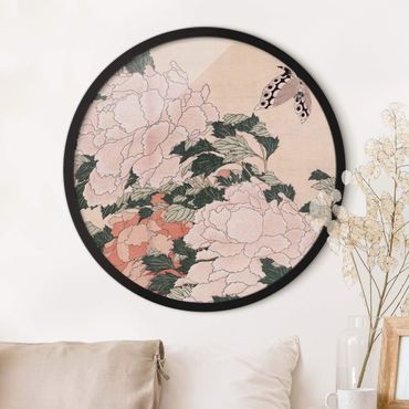Circular framed print - Katsushika Hokusai - Pink Peonies With Butterfly