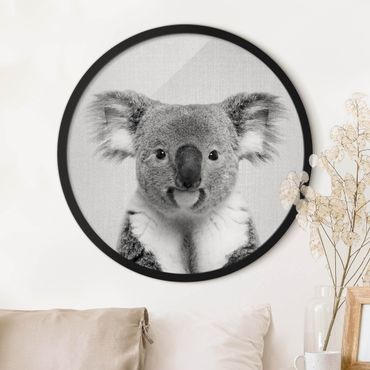 Circular framed print - Koala Klaus Black And White