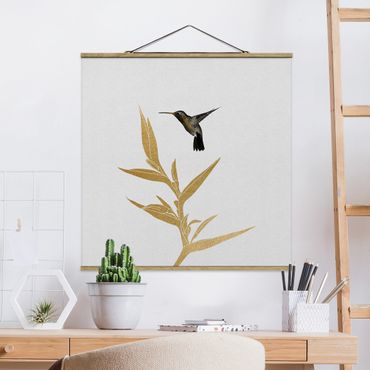 Fabric print with poster hangers - Hummingbird And Tropical Golden Blossom II - Square 1:1