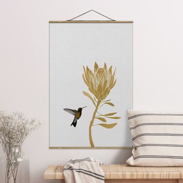 Fabric print with poster hangers - Hummingbird And Tropical Golden Blossom - Portrait format 2:3